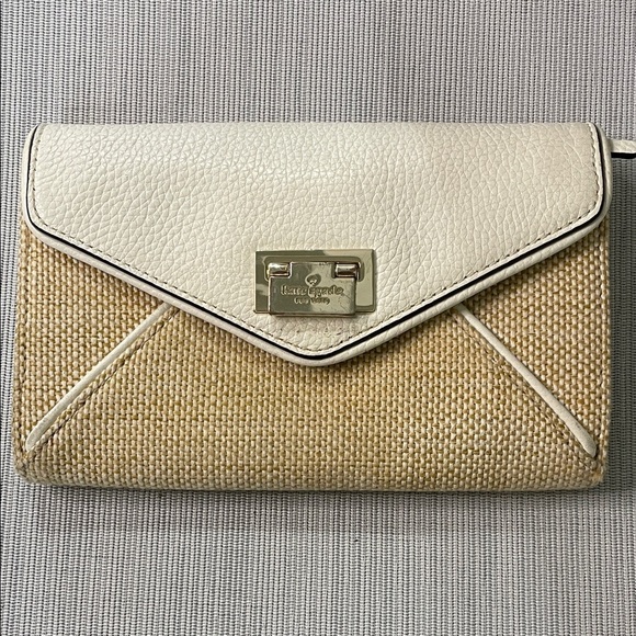 kate spade Handbags - Kate Spade Leather & Crotchet Envelope Clutch Purse White & Tan